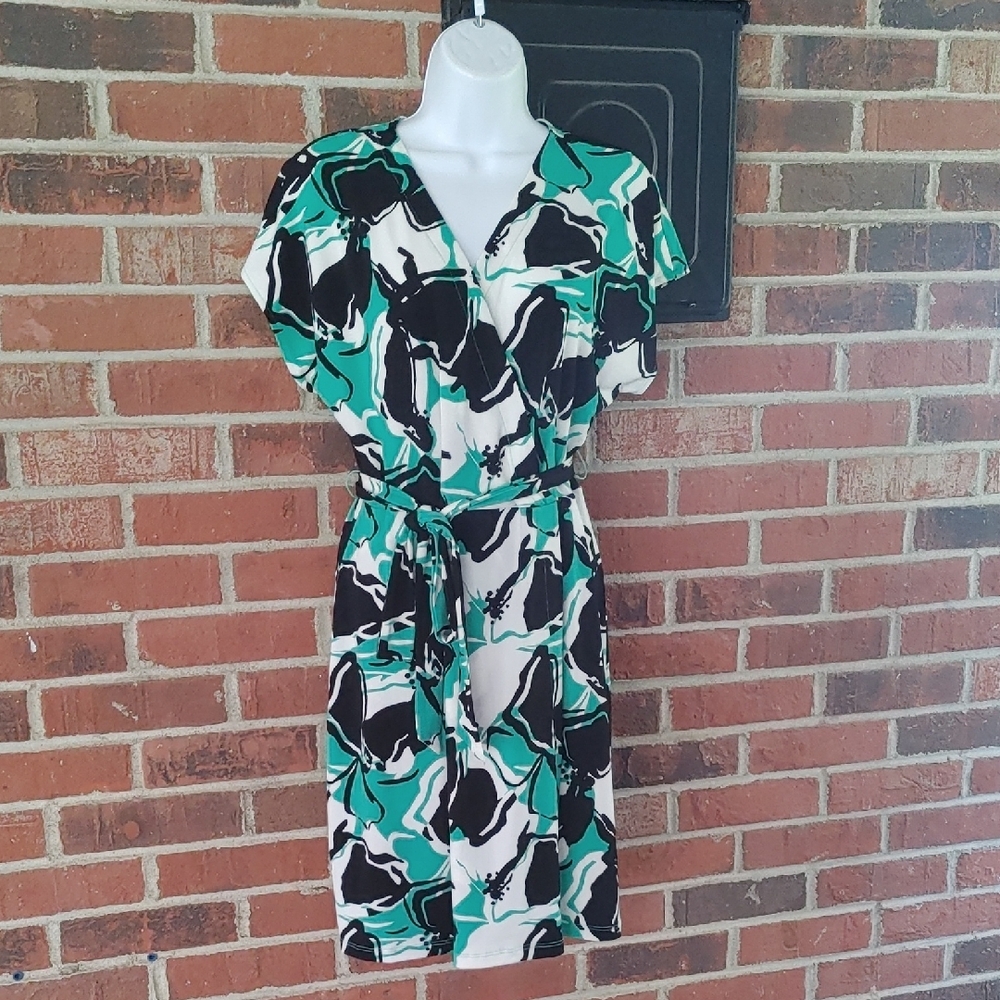 Nine West Green and Black Faux Wrap Tie Waist Dress Size L